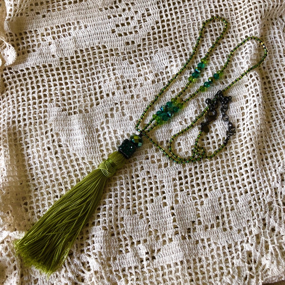 Chico’s Glass Beaded Tassel Blue Green Necklace
